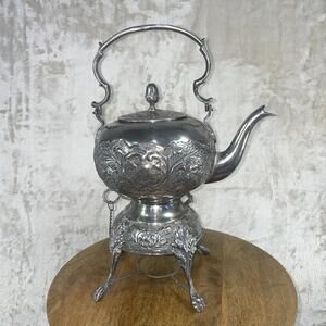 Vintage Ornate International Silverplate Tilting Spirit Kettle Teapot on Stand